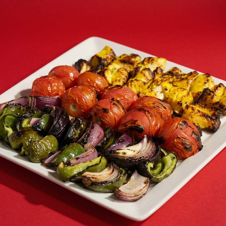 Grilled chicken, tomatoes, green peppers, and red onions arranged on a white rectangular plate.