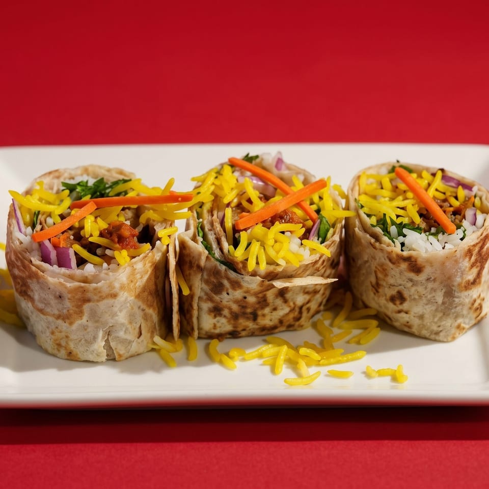 Three colorful burritos filled with rice, red onion, carrots, and yellow rice on a white plate.
