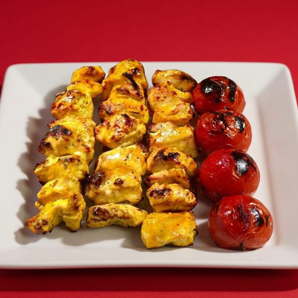 Three skewers of grilled chicken and one skewer of grilled tomatoes on a white rectangular plate.