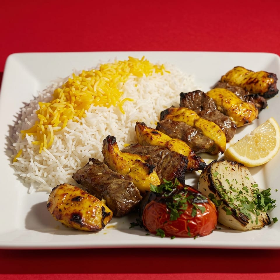 A white plate with rice, chicken and beef kabobs, grilled tomato, onion, and a lemon wedge.